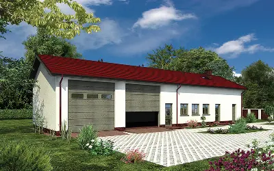 Budynek garażowo-magazynowy z częścią mieszkalną i pom. pomocniczymi GMC50a — wizualizacje 1 (odbicie lustrzane)
