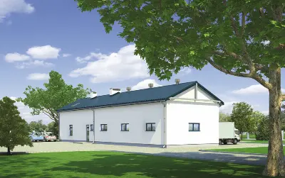 Budynek garażowo-magazynowy z częścią pomocniczą i poddaszem gospodarczym GM05 — wizualizacje 2 (odbicie lustrzane)