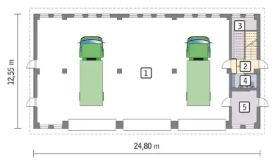 Budynek garażowo-magazynowy z poddaszem użytkowym GMC27a — rzuty kondygnacji 1 (odbicie lustrzane)