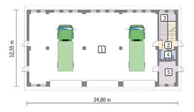 Budynek garażowo-magazynowy z poddaszem użytkowym GMC27c — rzuty kondygnacji 1 (odbicie lustrzane)