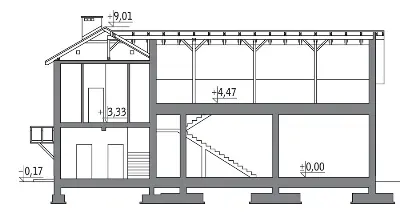 Budynek garażowo-magazynowy z pom. pomocniczymi GMC31a — przekroje 1 (odbicie lustrzane)