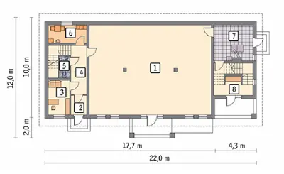 Budynek usługowy z częścią mieszkalną UC25 — rzuty kondygnacji 1 (odbicie lustrzane)
