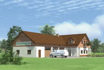 Budynek usługowy z częścią mieszkalną UC28 — wizualizacje 2 (odbicie lustrzane)