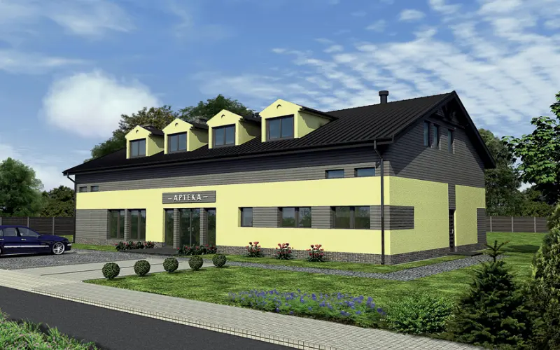 Projekt domu Budynek usługowy z częścią mieszkalną UC52 — wizualizacja