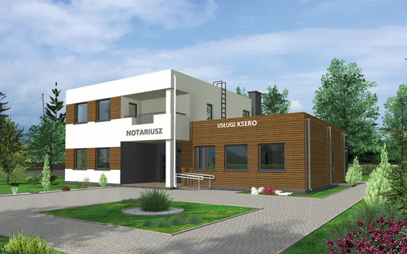 Projekt domu Budynek usługowy z częścią mieszkalną UC66 — wizualizacja