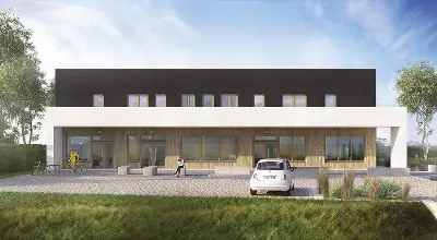 Budynek usługowy z częścią mieszkalną UC69 — wizualizacje 1 (odbicie lustrzane)