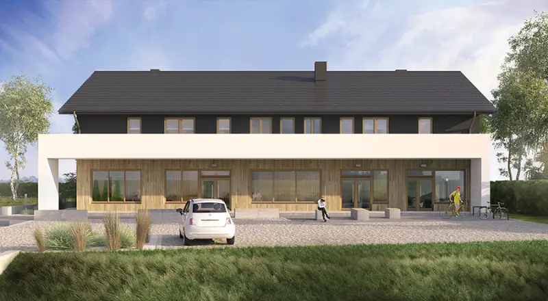 Projekt domu Budynek usługowy z częścią mieszkalną UC69a — wizualizacja