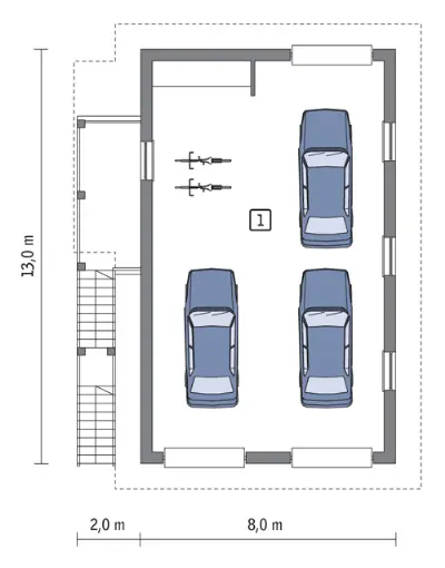 Garaż z częścią mieszkalną (letniskową) GC99 — rzuty kondygnacji 1 (odbicie lustrzane)