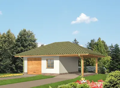 Garaż z pomieszczeniem gospodarczym i wiatą garażową G29a — wizualizacje 1 (odbicie lustrzane)