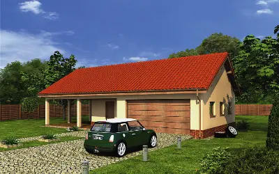 Garaż z pomieszczeniem gospodarczym, schowkiem i wiatą garażową GC37 — wizualizacje 1 (odbicie lustrzane)