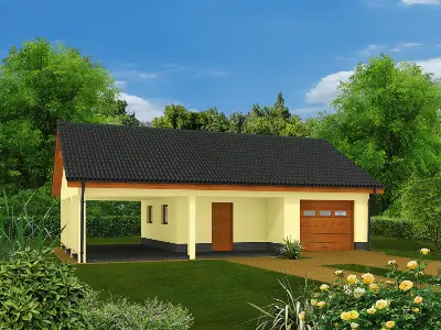 Garaż z pomieszczeniem gospodarczym, schowkiem i wiatą garażową GC37a — wizualizacje 1 (odbicie lustrzane)
