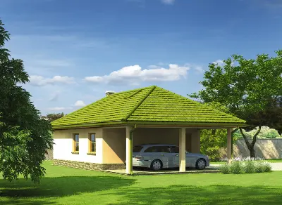 Garaż z wiatą garażową i wiatą rekreacyjną GC78 — wizualizacje 2 (odbicie lustrzane)