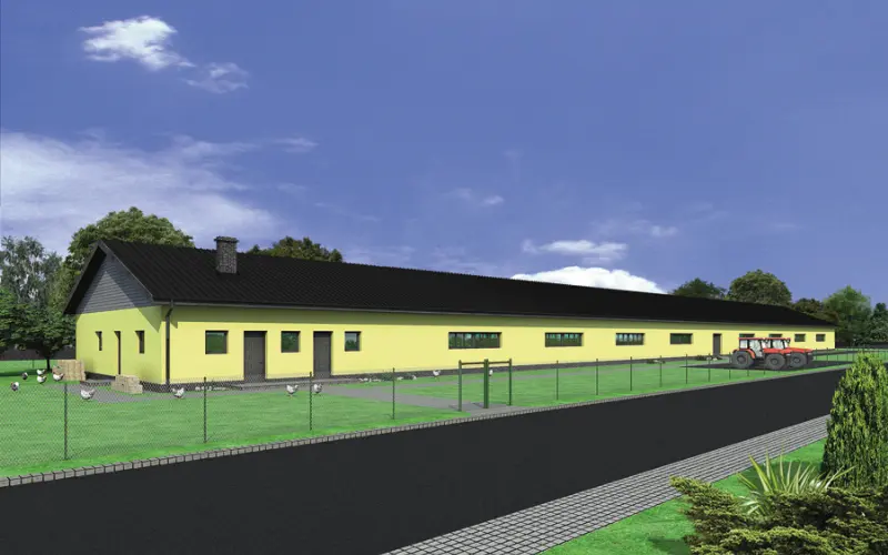 Projekt domu Kurnik dla 15047 sztuk brojlerów kurzych KC05 — wizualizacja