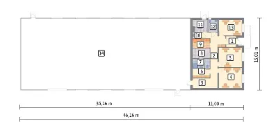 Magazyn (stalowy) z częścią socjalno-biurową (murowaną) PMC23St — rzuty kondygnacji 1