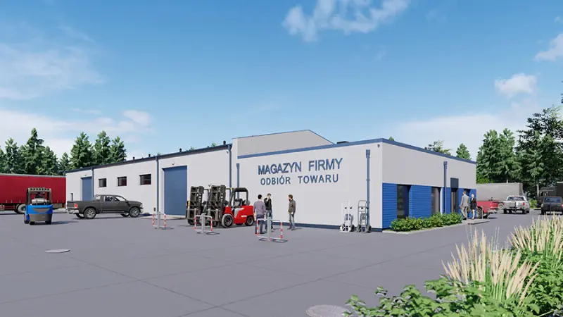 Projekt domu Magazyn (stalowy) z częścią socjalno-biurową (murowaną) PMC23St — wizualizacja