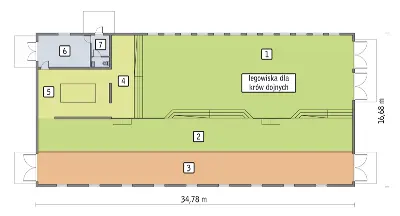 Obora dla 38 krów mlecznych, wolnostanowiskowa (grupowa), na głębokiej ściółce OC02 — rzuty kondygnacji 1