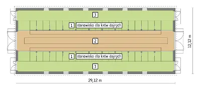 Obora dla 39 krów mlecznych, uwięziowa,  (stanowiskowa) na płytkiej ściółce O03 — rzuty kondygnacji 1