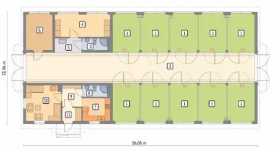 Stajnia dla 10 koni z częścią mieszkalną S12 — rzuty kondygnacji 1 (odbicie lustrzane)