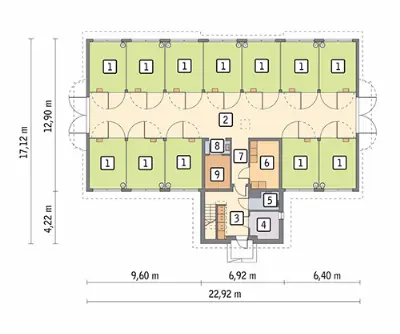Stajnia dla 12 koni z częścią mieszkalną i składową S01 — rzuty kondygnacji 1 (odbicie lustrzane)