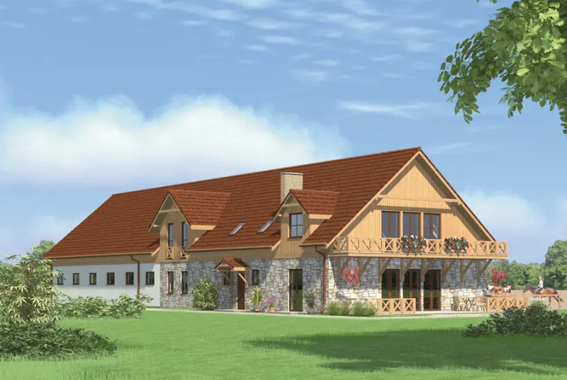 Projekt domu Stajnia dla 12 koni z częścią mieszkalną i składową SC12 — wizualizacja