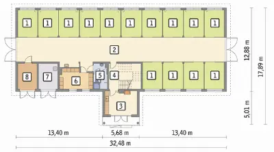 Stajnia dla 14 koni z częścią mieszkalną S16a — rzuty kondygnacji 1