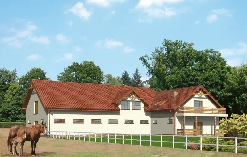 Projekt domu Stajnia dla 16 koni z częścią mieszkalną i składową SC07  — wizualizacja
