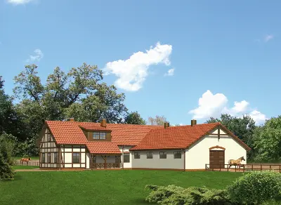 Stajnia dla 17 koni z częścią mieszkalną i poddaszem gospodarczym S10 — wizualizacje 1 (odbicie lustrzane)