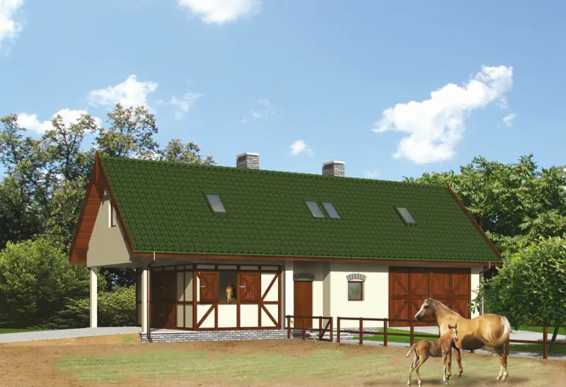 Projekt domu Stajnia dla 2 koni, z częścią mieszkalną S09a — wizualizacja