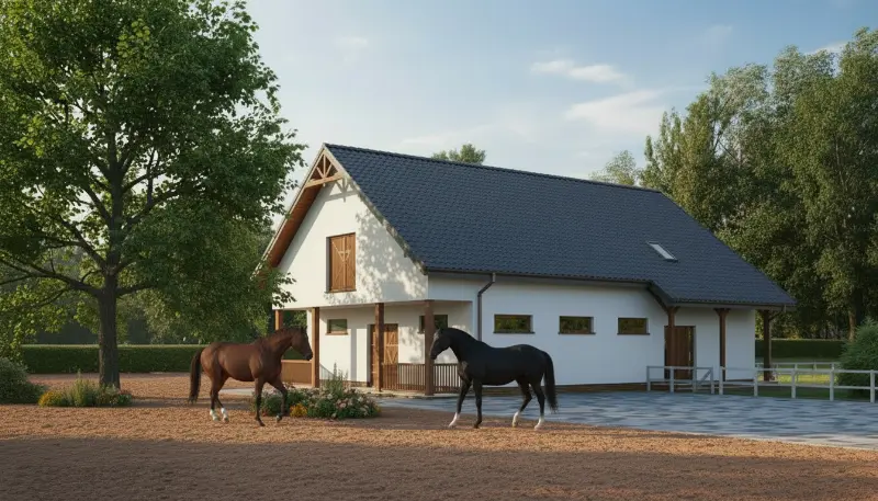 Projekt domu Stajnia dla 6 koni z częścią mieszkalną i składową SC04 — wizualizacja