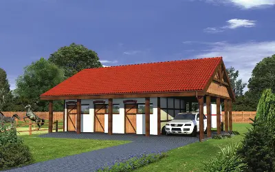 Stajnia dla 6 koni z wiatą garażową SC13  — wizualizacje 1 (odbicie lustrzane)