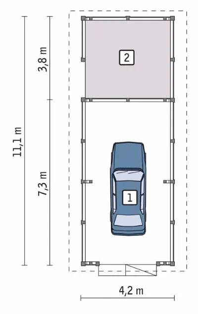 Wiata garażowa z pomieszczeniem gospodarczym G44bS — rzuty kondygnacji 1 (odbicie lustrzane)